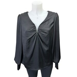 Skies are Blue Black Satin Deep V Neck‎ Balloon Sleeve Top sz Medium